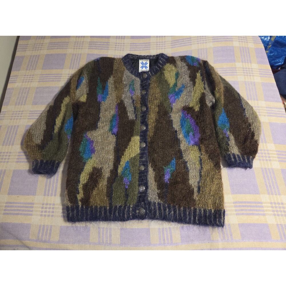 Icelandic Design Cardigan Sweater Womens Small Medium Wool Mohair Vintage Knit